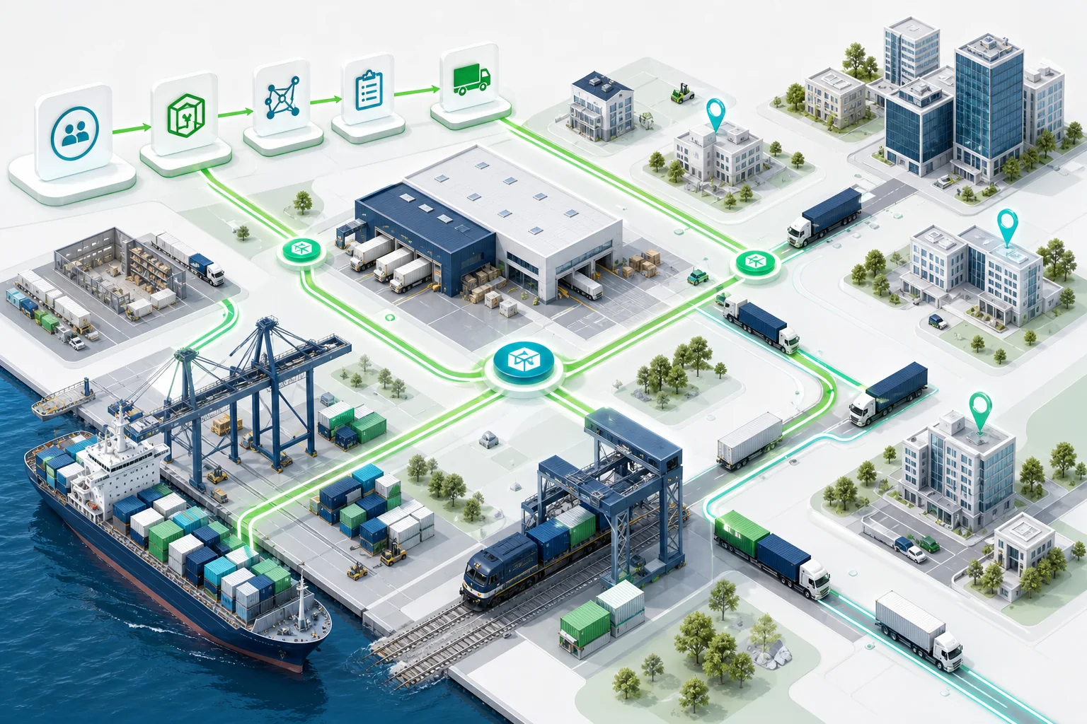 Transportation planning network connecting warehouses, ports, rail terminals, trucks and customer destinations
